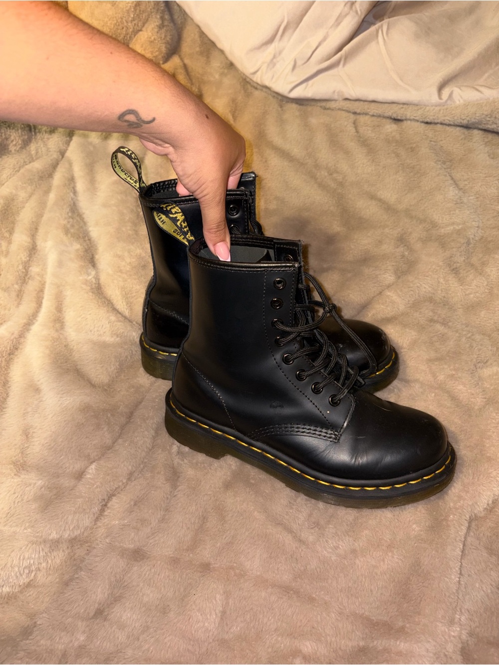 Dr. Martens Black Lace-Up Leather Boots with Yellow Stitching